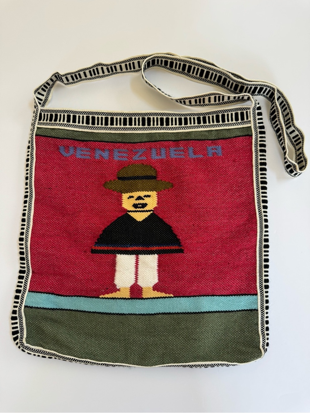 Vintage Venezuela Woven Boho Shoulder Crossbody Bag Folk Art Red Green Black
